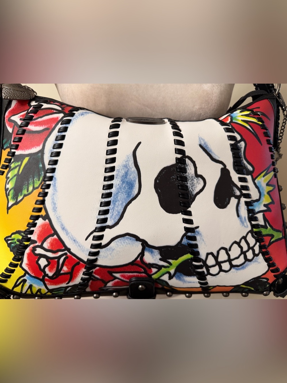 Ed Hardy Graphic Print Studded faux Leather Shoulder Bag Skulls Roses NWT - Picture 5 of 16